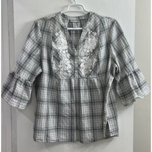 Catherines Womens 1X Top Gray White Plaid Floral Embroidered‎ Popover Peasant